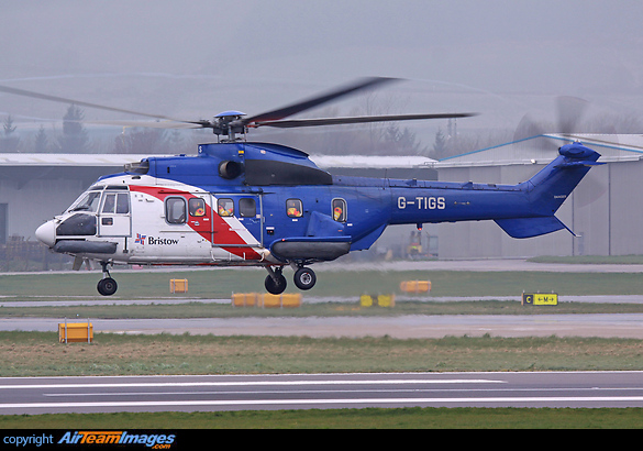 Departing from its Aberdeen base on a flight to a North Sea oil platform. AS-332L1 Super Puma