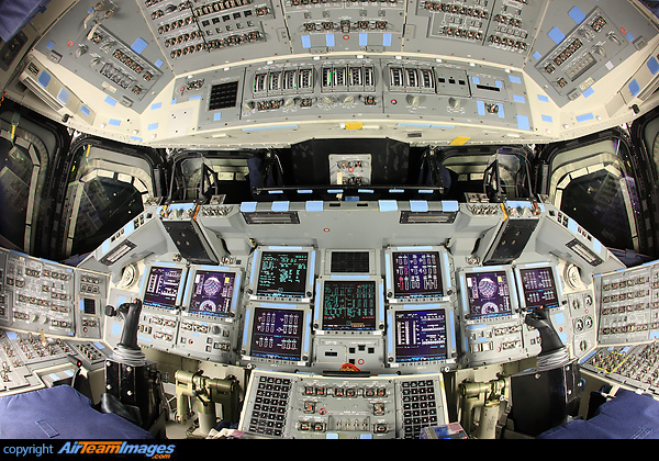 Space Shuttle Orbiter "Atlantis" cockpit post flight. Rockwell Space Shuttle