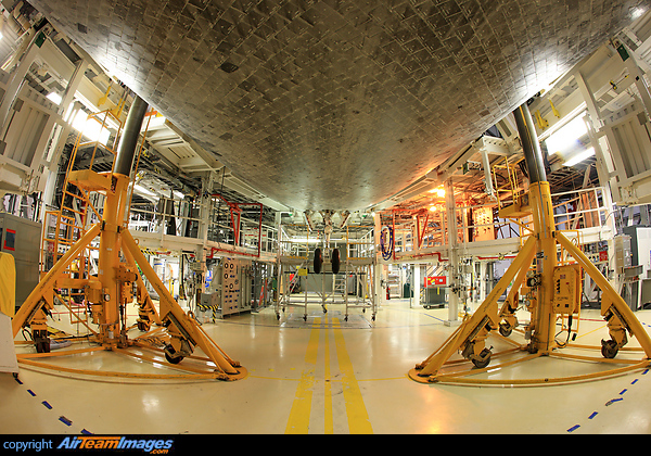 Space Shuttle Orbiter "Atlantis" underside showing the special thermal protection system tile work that is integral in protecting the orbiter during re-entry Rockwell Space Shuttle