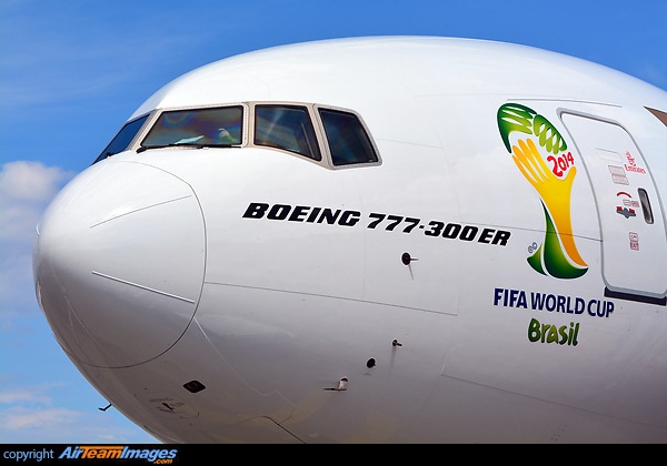 Now adorning a sticker for the 2014 Soccer World Cup in Brasil Boeing 777-31H/ER