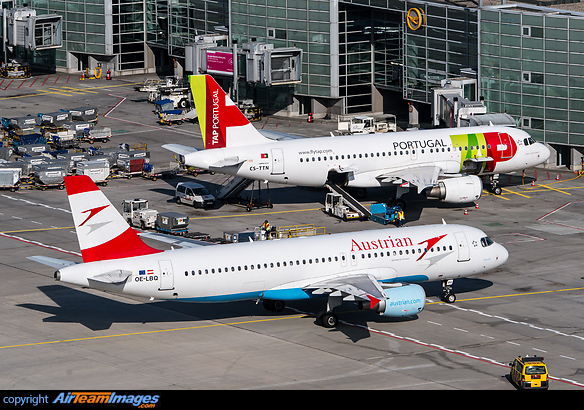 Last meters of taxing inbound to its gate, with the Star Alliance partner TAP Airbus A319 CS-TTN standing next to it. Airbus A320-214