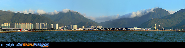 Panoramic view of Hong Kong Chek Lap Kok airport from the sea. Hong Kong - Chek Lap Kok