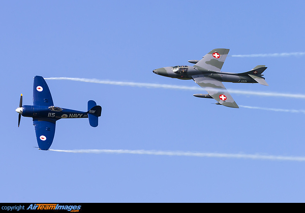 Hawker Sea Fury FB10 F-AZXJ (Australia - Royal Australian Navy) leading a formation with Hawker Hunter T68 HB-RVR (Switzerland - Swiss Air Force) Hawker Sea Fury & Hunter