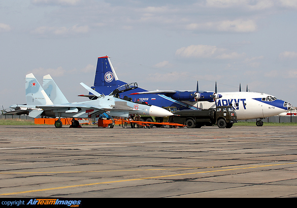 Su-30SM 16 red with Irkut An-12BP 11309 at KADEX 2014. Sukhoi Su-30SM