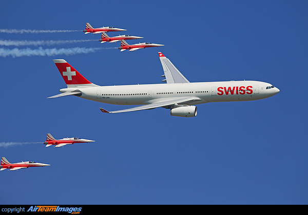This Swiss International Air Lines Airbus A330 performed with the Patrouille Suisse at Payerne Airshow. Airbus A330 & Patrouille Suiss