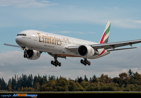 The newest Emirates Boeing 777-31H(ER) C/N 41368 L/N 1243 A6-ENV arriving back at Paine Field after its final customer test flight. This will be their 112th Boeing 777 in the 300 series and the 142nd 777 in total. Boeing 777-31H/ER