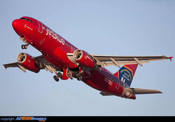 JetBlue's special color scheme aircraft honoring the New York Fire Department. "Blue Bravest" with "Honored to support New York's Bravest" on the rear fuselage and the logo of the Fire Department of the City of New York on its tail. Airbus A320-232