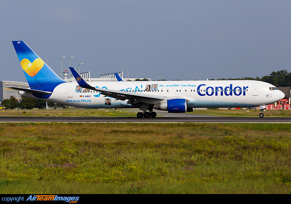 "Ja zu FRA" special color Condor Boeing 767 D-ABUZ departing from FRA Frankfurt airport Boeing 767-330/ER