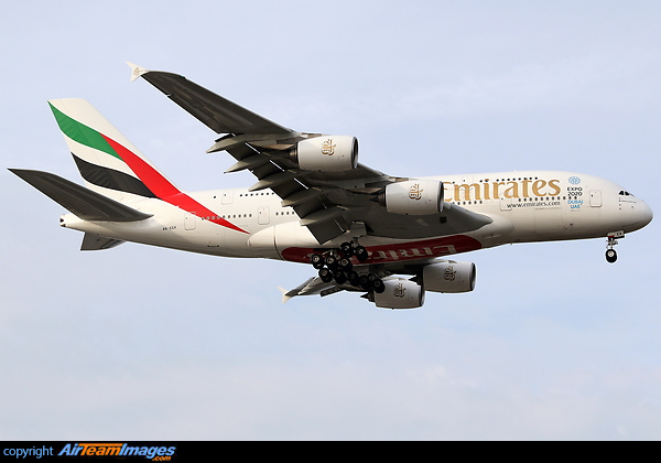 Inaugural Emirates A380 service into Houston. Airbus A380-861