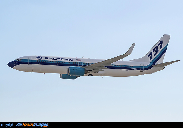 Eastern Air Lines first Boeing 737-800, N276EA, performs a fly-by on runway 8L before it's first landing and water-cannon salute. Boeing 737-8AL