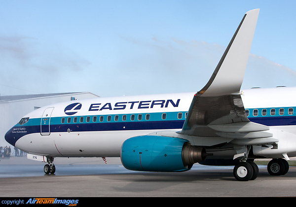 Water salute for the Eastern Air Line's first aircraft in Easterns fleet.
Eastern has ordered twenty Boeing 737-800 aircraft. It will be the backbone of Easterns fleet of new fuel efficient WhisperLiners to take to the skies starting in the second quarter of 2015. The inaugural arrival received a water cannon salute, the aircraft was dedicated as The Spirit of Captain Eddie Rickenbacker, Easterns most famous CEO from 1930 to 1965. Speeches by Mayor Carlos Gimenez, Emilio T. Gonzalez, Edward Wegel, and others to welcome the aircraft and the re-launch of Eastern Air Lines in Miami took place. Boeing 737-8AL