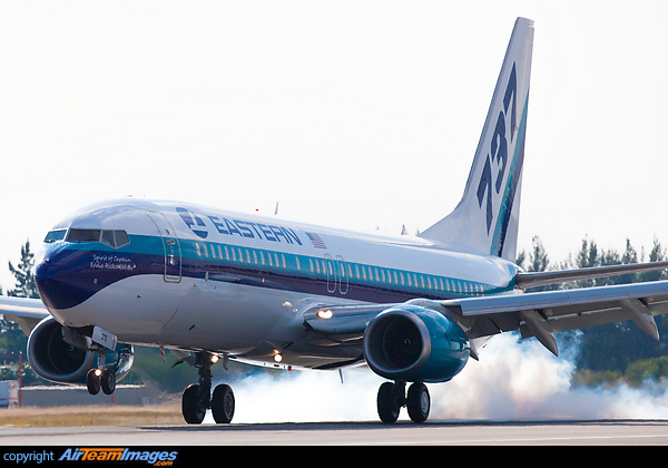 The first landing by the first aircraft belonging to the new Eastern Air Lines on runway 08L at Miami International Airport. Boeing 737-8AL