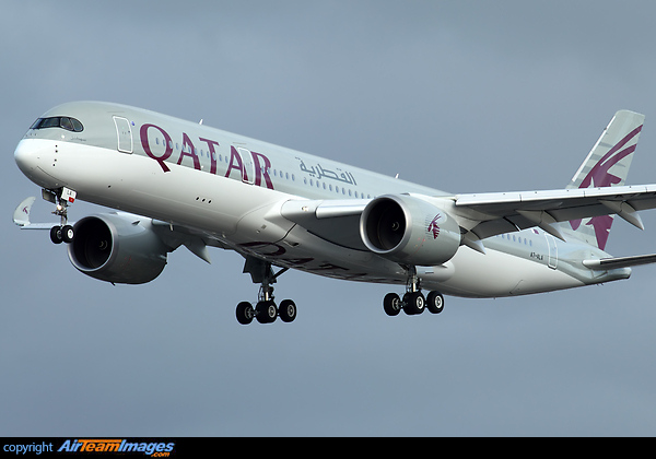 Qatar Airways first Airbus A350-900 A7-ALA arriving at London Heathrow. Airbus A350-941