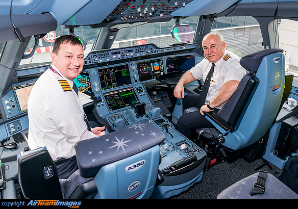 Arrival of the first scheduled flight of an A350 world-wide. Pilots for the return flight to Doha from Frankfurt. Airbus A350-941