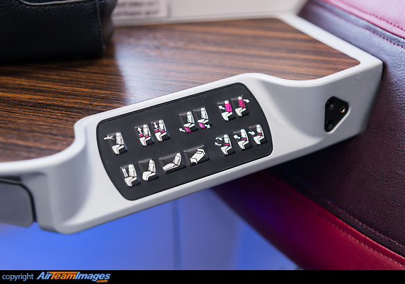 Arrival of the first scheduled flight of an A350 world-wide. Business Class seat controls. Airbus A350-941