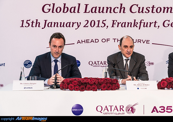 Arrival of the first scheduled flight of an A350 world-wide. Left side Airbus CEO and president Fabrice Brgier, on the right Qatar Airways CEO Akbar Al Baker. Airbus CEO Fabrice Brgier