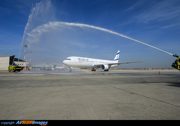 Water cannon salute for the last flight of Captain Hezi Engelstain who reaching the age of 65 is now retiring. Boeing 767-3Q8/ER