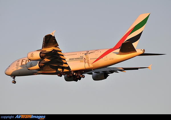 This Emirates Airbus A380 is wearing the ICC world Cup markings for the world cup being held in Australia and New Zealand. Seen approaching Brisbane for the second time of the day after operating Dubai-Brisbane-Auckland-Brisbane-Dubai Airbus A380-861