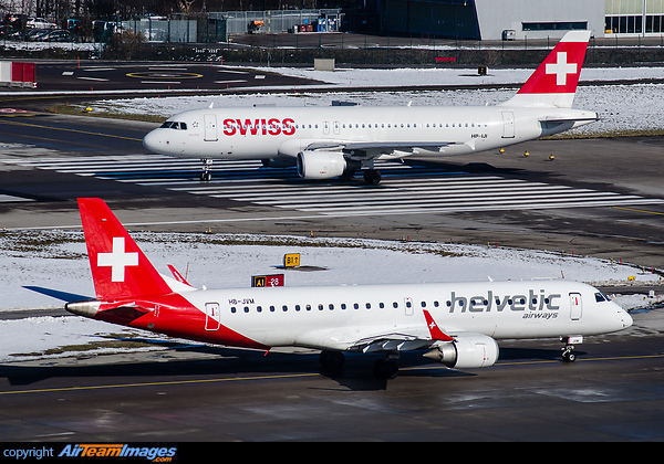 Together with an Airbus A320 belonging to Helvetic's largest customer, Swiss International Air Lines. Embraer ERJ-190LR