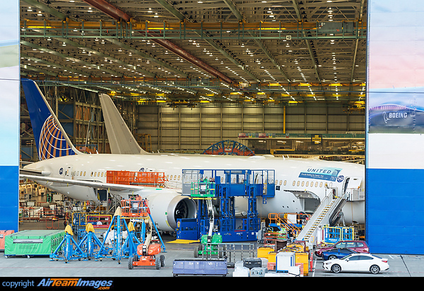 United Airline's twenty first 787-9 dreamliner (line 342) in the final assembly inside the Boeing factory before getting rolled out of the factory Boeing 787-9 Dreamliner