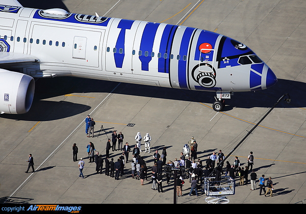 R2-D2, C-3PO and Storm trooper are joining the "R2-D2 ANA jet" roll out ceremony. Boeing 787-9 Dreamliner