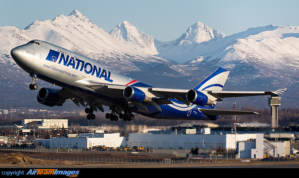 Amazing backdrop as a National Airlines Boeing 747-400F departs Anchorage from Runway 33. Boeing 747-428M(BCF)