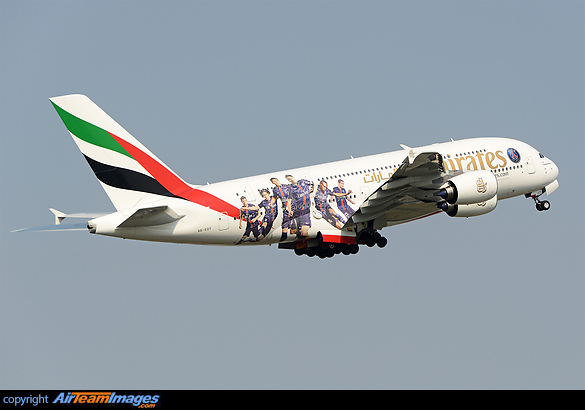 Special painted with Paris Saint-Germain football club players. Airbus A380-861