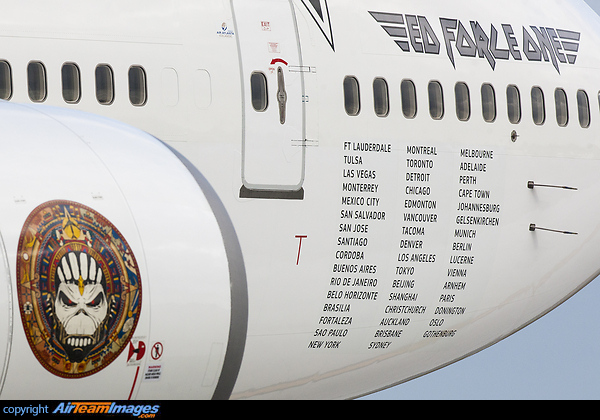 IRON MAIDEN, whose new studio album The Book of Souls, their first for 5 years, was released worldwide on Sept 4, 2015 are taking touring to a new level using a Boeing 747-400 Jumbo Jet (aka Queen of the Skies) for their World Tour starting in Ft.Lauderdale,Florida, USA. Vocalist Bruce Dickinson got his licence to fly the massive four engine jet, which is almost twice the size and over three times the weight of the Boeing 757 used on previous tours in 2008/9/11" Boeing 747-428