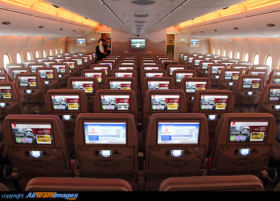 Middle section economy seating in Emirates in a 3-4-3 layout Airbus A380-861