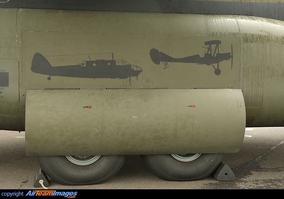 Hercules C5 of 47 Squadron in special 100th Anniversary markings at Brize Norton - close up of fuselage markings Lockheed C-130J Hercules C5