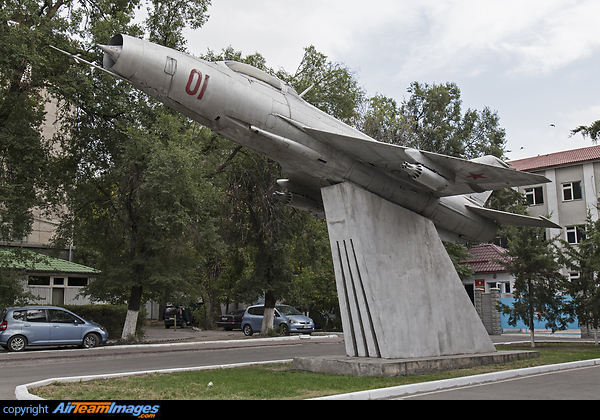 Located on a concrete plinth outside the National Guard Headquarters in Bishkek. Mikoyan Gurevich MiG-21F