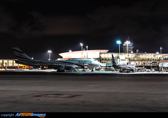 Boeing 747-400 4X-ELB and Boeing 737-800 4X-EKF at the terminal at night. Boeing 747-458