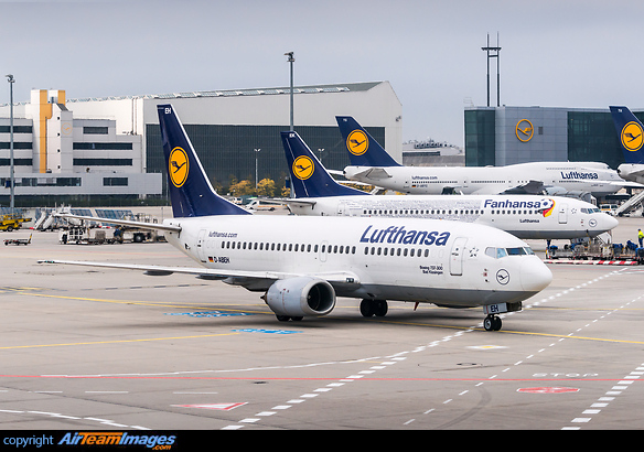 Taxiing in one of its last flights, with sistership D-ABEK in Fanhansa colours to support the German football team for the EURO2016 with the names of hundreds of fans painted on the fuselage in the background. Boeing 737-330