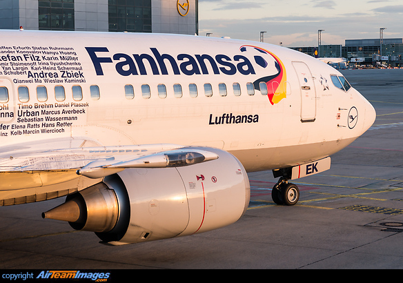 The names of hundred of fans were put on this Boeing 737 in special "Fanhansa" colours to celebrate the EURO 2016 football championship. Lufthansa is the official carrier of the German national team. In storage after the final Boeing 737 flight with Lufthansa took place the same day. Boeing 737-330