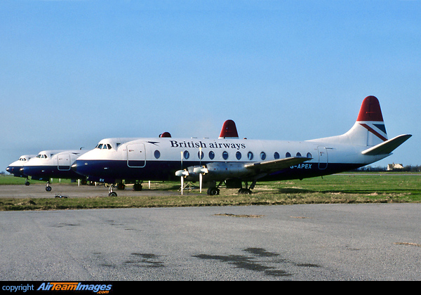 Three British Airways Viscounts in storage at Cardiff awaiting sale to British Air Ferries. Vickers 806 Viscount