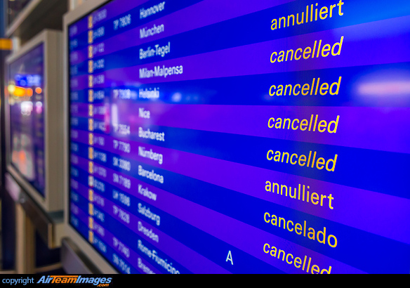 Electronic departure board during the Lufthansa pilot strike with most flights being cancelled. Frankfurt Main Airport