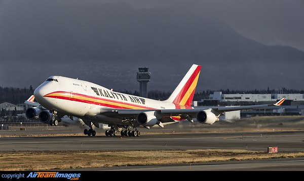 As a snowstorm covers eastern Anchorage a Kalitta 747-400BCF departs Anchorage in incredible light a complete contrast to the background. Boeing 747-446(BCF)