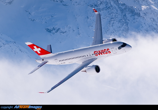 Swiss CS100 in action over St. Moritz during the Ski World Championships Airbus A220-100