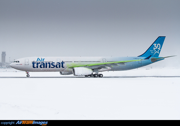 Fresh out of a deicing session, this Air Transat A330 wears the special livery to commemorate the 30th anniversary of the airline. Airbus A330-342