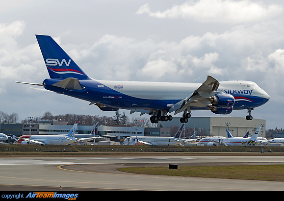 Silk Way West Airlines latest 747-8 freighter landing from a test flight Boeing 747-83QF