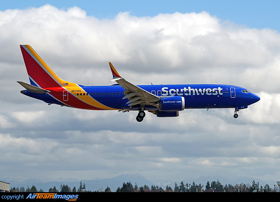 Southwest first 737-8 Max on a touch and go test mission at Paine field airport. This is the first production model of Boeing 737 MAX Boeing 737-8 MAX