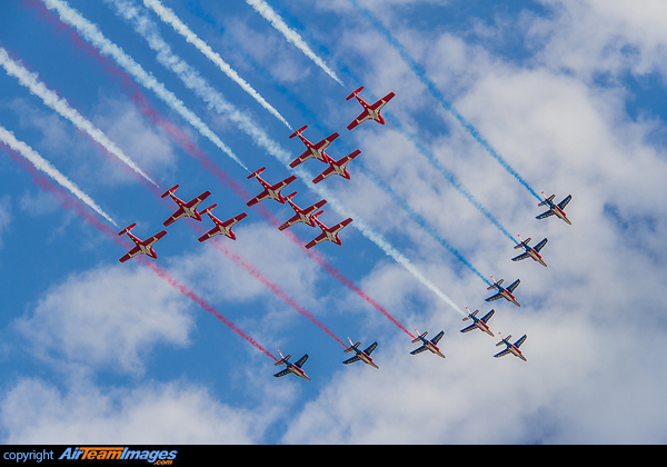 Formation flying with AlphaJets of the Patrouille de France to commemorate Canada's 150th and Montreal's 375th anniversaries. Patrouille de France