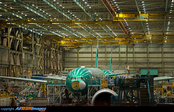 In the final assembly phase of its production at the 777 massive assembly line of the Boeing Everett factory Boeing 777-323/ER