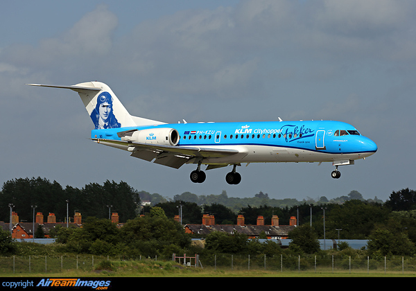 KLM's newly painted Fokker 70 which features a portrait of Anthony Fokker on the tail for the retirement of the Fokker 70. Fokker 70