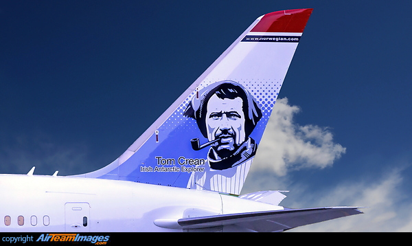 Norwegian Air UK's Boeing 787-9 Dreamliner tail closeup featuring Tom Crean, the famous Irish Antarctic Explorer Boeing 787-9 Dreamliner