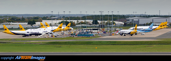 Monarch entered administration on 2nd October 2017, ten of their aircraft are seen here parked at Birmingham Airport. Monarch Airlines