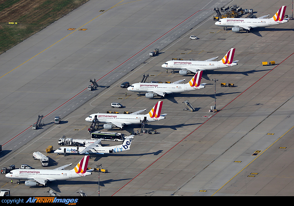 The remote stands at Stuttgart airport occupied by Germanwings and one sole Flybe. Taken from a helicopter. Stuttgart Airport