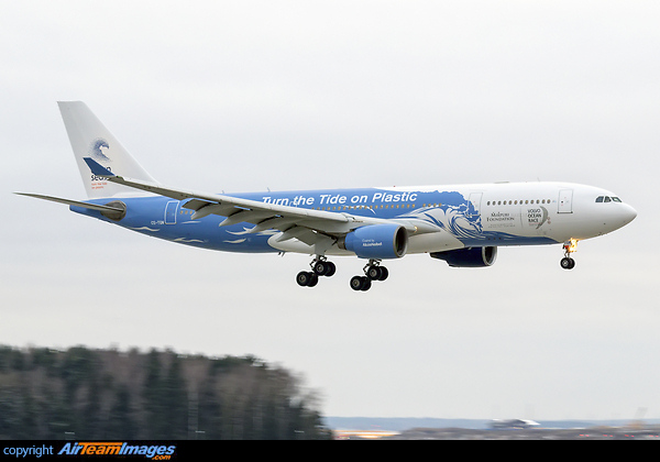 Right side of HiFly's special livery in cooperation with Mirpuri Fondation and Volvo Ocean race with a message to the world Airbus A330-223