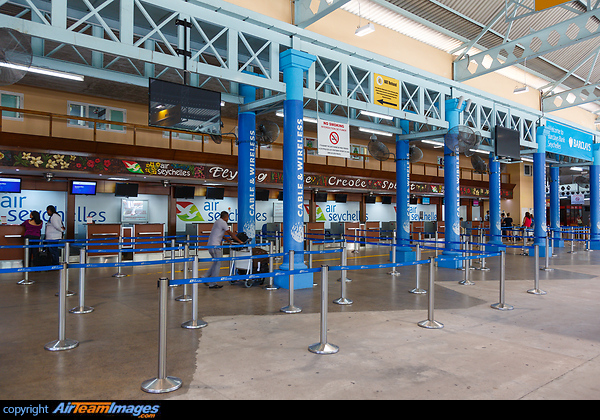 The open structured check-in terminal area for international flights at Mahe Seychelles Airport Mahe Airport