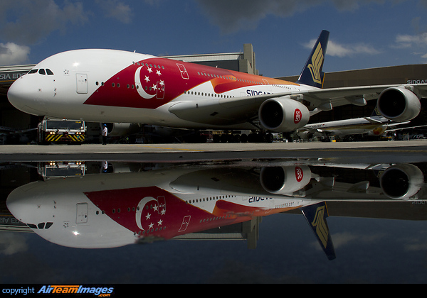 Singapore marked the 50th Anniversary of its independence in 2015 and Singapore Airlines painted a pair of A380s in this SG50 livery. It is seen here being unveiled for the first time for a photo-shoot. The huge decal was produced by 3M. Airbus A380-841